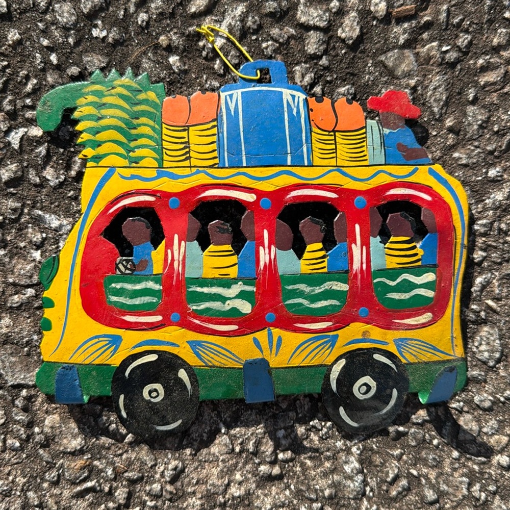 Vintage 1990s Hammered Metal Folk Art Tap Tap Bus Sculpture / Wall Hook